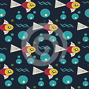 Colorfull Fish with waves in the sea. geometry forms, in bauhaus style, modern pattern