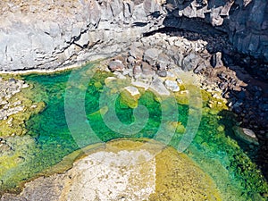 Colorfull ponds on Playa de Echentive on La Palma island. View from above