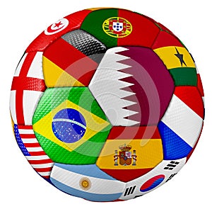 Colorfull soccer ball with national flags of many countries worldwide isolated  white background. football competition and