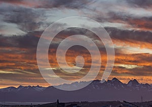 Colorfull sunset above mountains in Ushuaya city of fireland