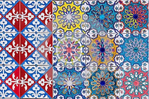 Colorfull traditional decorative tiles, known as asulejos, on a bulding in Lisbon photo