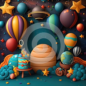 Colorfull Universe render with plaets and stars 3d aniversary smash cake digital backdrop custom made