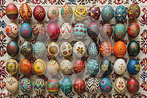 Colorfully decorated bright Easter eggs with folkloric floral patterns arranged in straight rows on a table on a rustic tablecloth