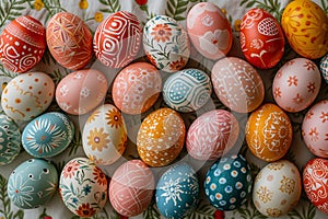 Colorfully decorated Easter eggs with folkloric floral patterns on a rustic tablecloth. Hand-painted greeting eggs. Top view. Ai