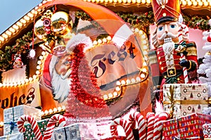 Colorfully painted Christmas booths at the Frankfurt Christmas Market, Germany