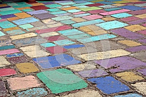 A colorfully tiled patio