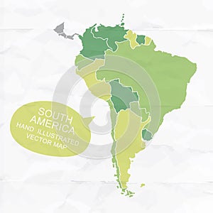 Colorfully vector hand illustrated map of South America.