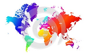 Colorfulness saturation world map, each continent in different trendy bright gradient colors and name