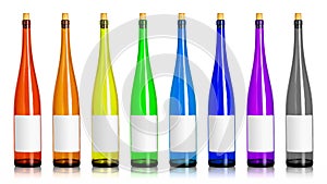 Colorfuls of wine bottles isolated on white background. Beverage container in long shape with blank label. Clipping path