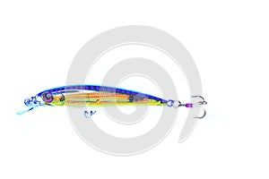 Colorfulâ€‹ Fishing bait, deep black plug withâ€‹ 3-way hookâ€‹ ofâ€‹ Fishing baitâ€‹ isolatedâ€‹ onâ€‹ whiteâ€‹ backgroundâ€‹.â€‹