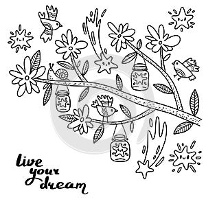 Coloring blooming tree branch with birds and stars. Vector illustration