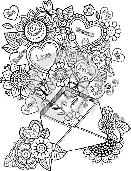 Coloring book for adult. I love you. Valentines day