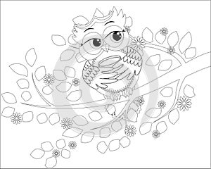 Coloring book for adult and older children. Coloring page with cute owl and floral frame