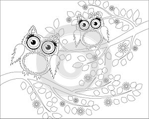 Coloring book for adult and older children. Coloring page with cute owl and floral frame