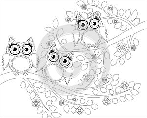 Coloring book for adult and older children. Coloring page with cute owl and floral frame