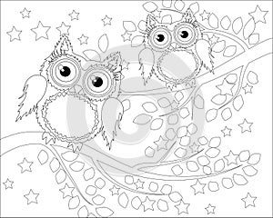 Coloring book for adult and older children. Coloring page with cute owl and floral frame