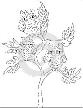 Coloring book for adult and older children. Coloring page with cute owl and floral frame