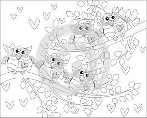 Coloring book for adult and older children. Coloring page with cute owl and floral frame