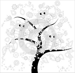 Coloring book for adult and older children. Coloring page with cute owl and floral frame