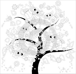 Coloring book for adult and older children. Coloring page with cute owl and floral frame