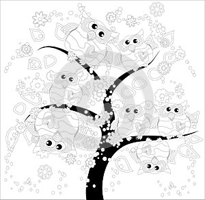 Coloring book for adult and older children. Coloring page with cute owl and floral frame