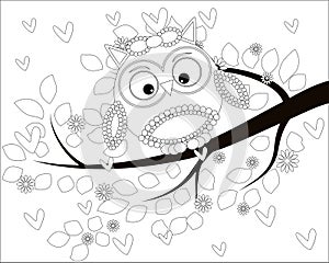 Coloring book for adult and older children. Coloring page with cute owl and floral frame