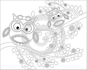 Coloring book for adult and older children. Coloring page with cute owl and floral frame