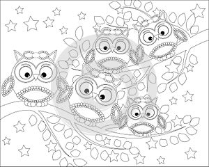 Coloring book for adult and older children. Coloring page with cute owl and floral frame