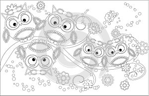 Coloring book for adult and older children. Coloring page with cute owl and floral frame