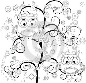 Coloring book for adult and older children. Coloring page with cute owl and floral frame