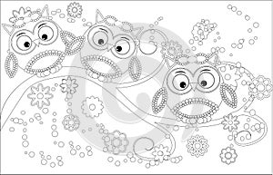 Coloring book for adult and older children. Coloring page with cute owl and floral frame