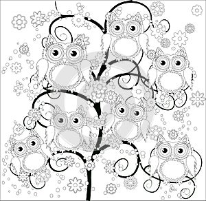 Coloring book for adult and older children. Coloring page with cute owl and floral frame