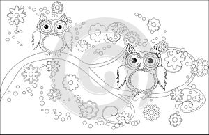 Coloring book for adult and older children. Coloring page with cute owl and floral frame