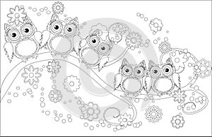 Coloring book for adult and older children. Coloring page with cute owl and floral frame