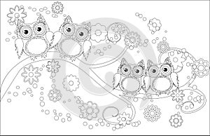 Coloring book for adult and older children. Coloring page with cute owl and floral frame