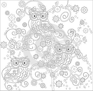 Coloring book for adult and older children. Coloring page with cute owl and floral frame