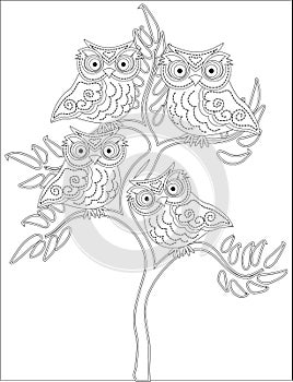 Coloring book for adult and older children. Coloring page with cute owl and floral frame