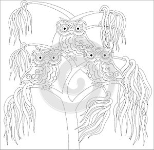 Coloring book for adult and older children. Coloring page with cute owl and floral frame