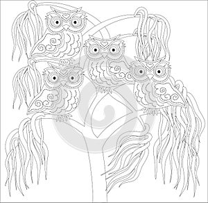 Coloring book for adult and older children. Coloring page with cute owl and floral frame