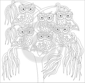 Coloring book for adult and older children. Coloring page with cute owl and floral frame