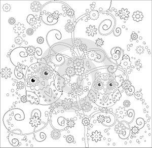 Coloring book for adult and older children. Coloring page with cute owl and floral frame