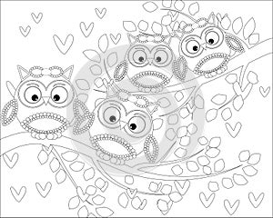 Coloring book for adult and older children. Coloring page with cute owl and floral frame. Outline drawing in zentangle style