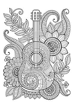 Coloring Book for adult and relax. Guitar. Maxican