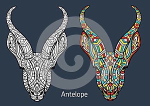 Coloring book for adults. antelope head with hand-drawn patterns. The antelope head is decorated with ornament. Hand