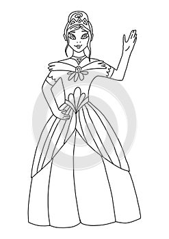 Coloring book for adults and children with a beautiful princess. The queen waves her hand and smiles. A magical story about a