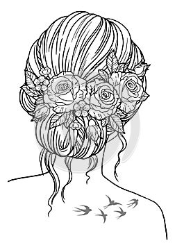 Coloring book for adults. Girl with a hairstyle braided in the hair of rose flowers. Vector black contour image on a