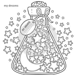 Coloring book for adults. A glass vessel with dreams. A bottle with stars and moon