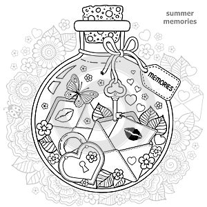 Coloring book for adults. A glass vessel with memories of summer. A bottle with bees, butterflies, ladybug and leaves.