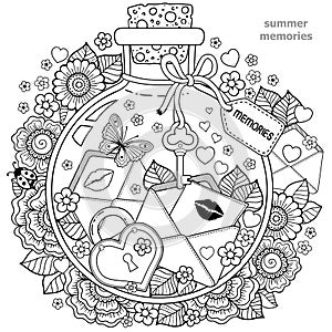 Coloring book for adults. A glass vessel with memories of summer. A bottle with bees, butterflies, ladybug and leaves.