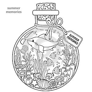 Vector Coloring book for adults. A glass vessel with memories of summer. A bottle with sea creatures - a shark, tropical fish, nem